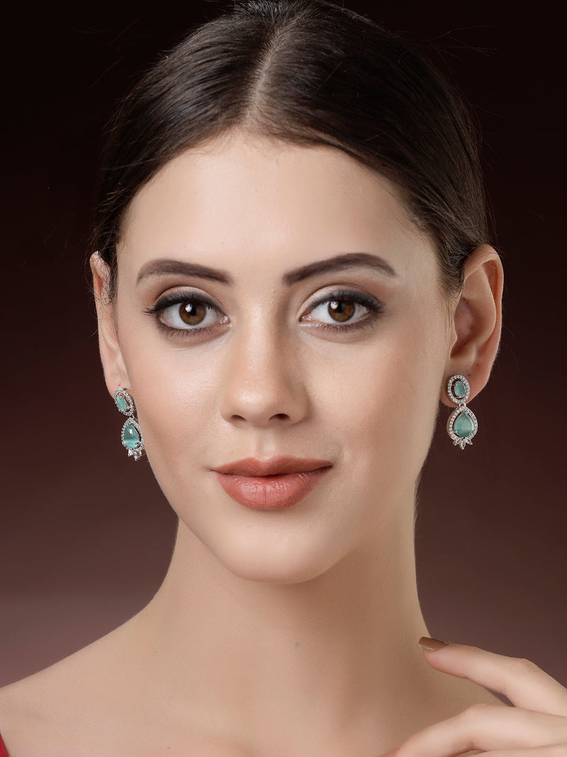Rhodium Plated with Ocean Blue & White American Diamond Small Drop Earrings