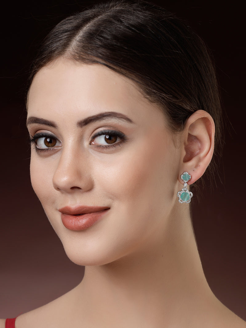 Rhodium Plated with Dual Ocean Blue American Diamonds Drop Earrings