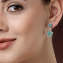 Rhodium Plated with Dual Ocean Blue American Diamonds Drop Earrings