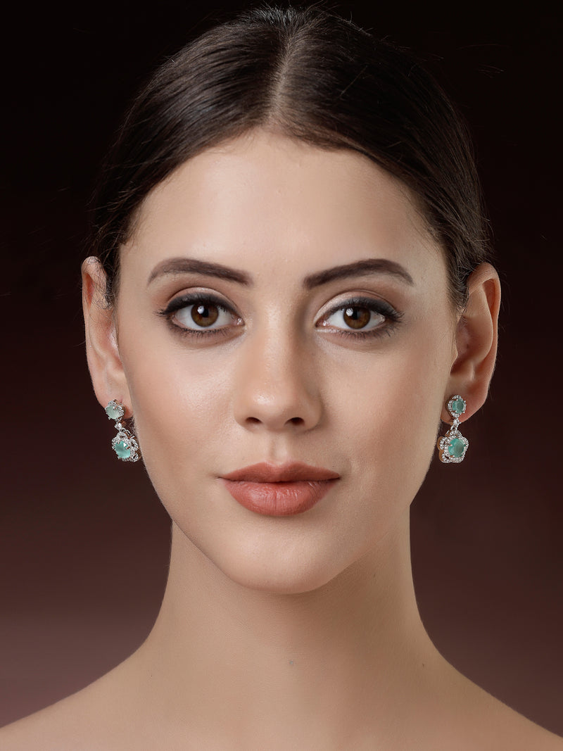 Rhodium Plated with Dual Ocean Blue American Diamonds Drop Earrings