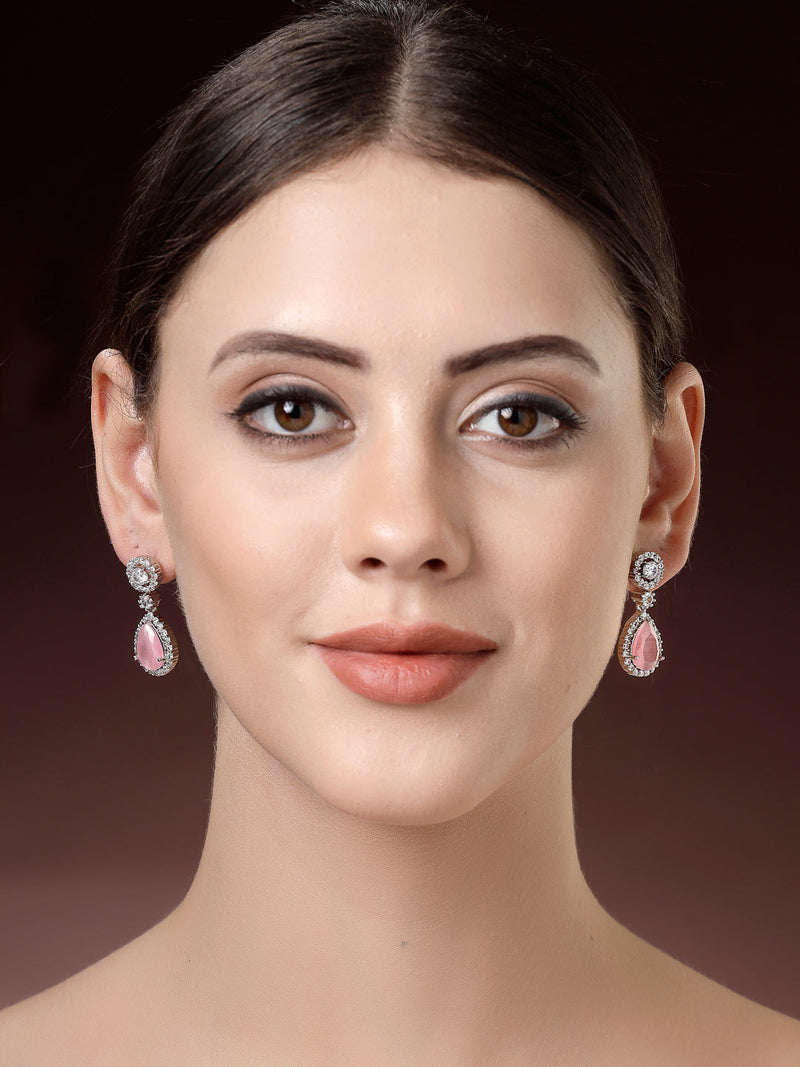 Rhodium Plated with Pink & White American Diamond Circular & Teardrop Shaped Drop Earrings
