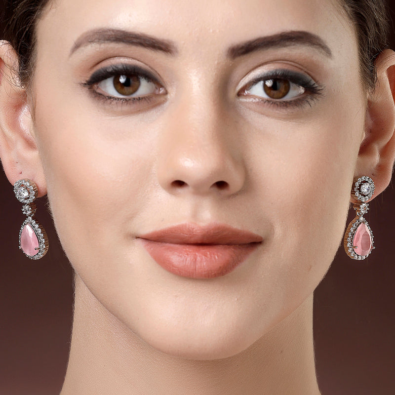 Rhodium Plated with Pink & White American Diamond Circular & Teardrop Shaped Drop Earrings