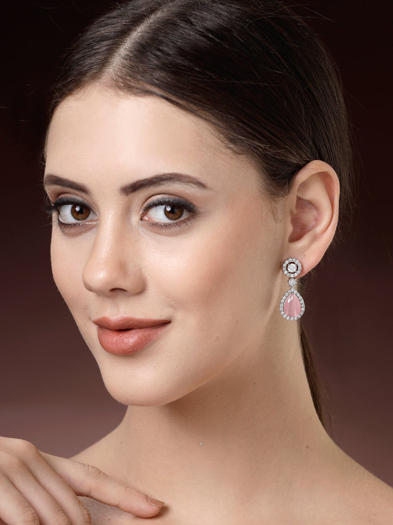 Rhodium Plated with Pink & White American Diamond Circular & Teardrop Shaped Drop Earrings