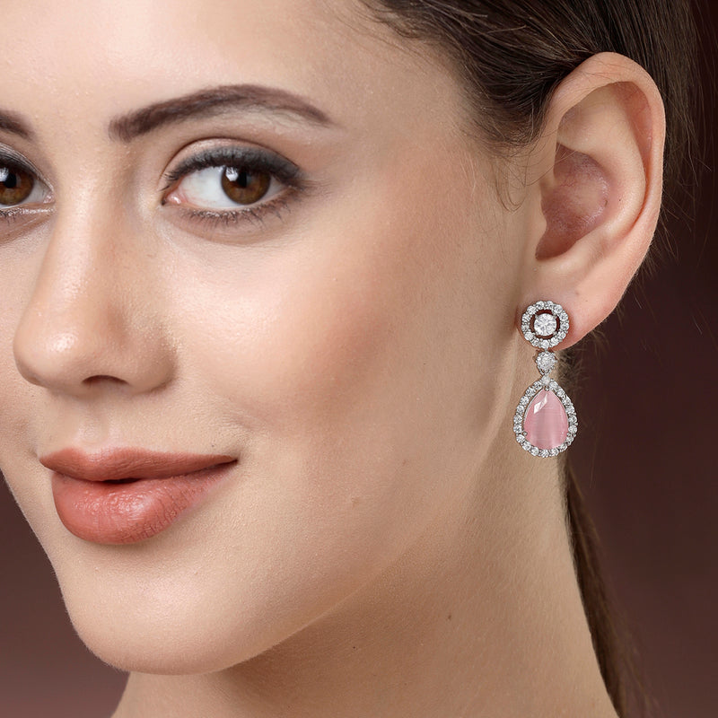 Rhodium Plated with Pink & White American Diamond Circular & Teardrop Shaped Drop Earrings