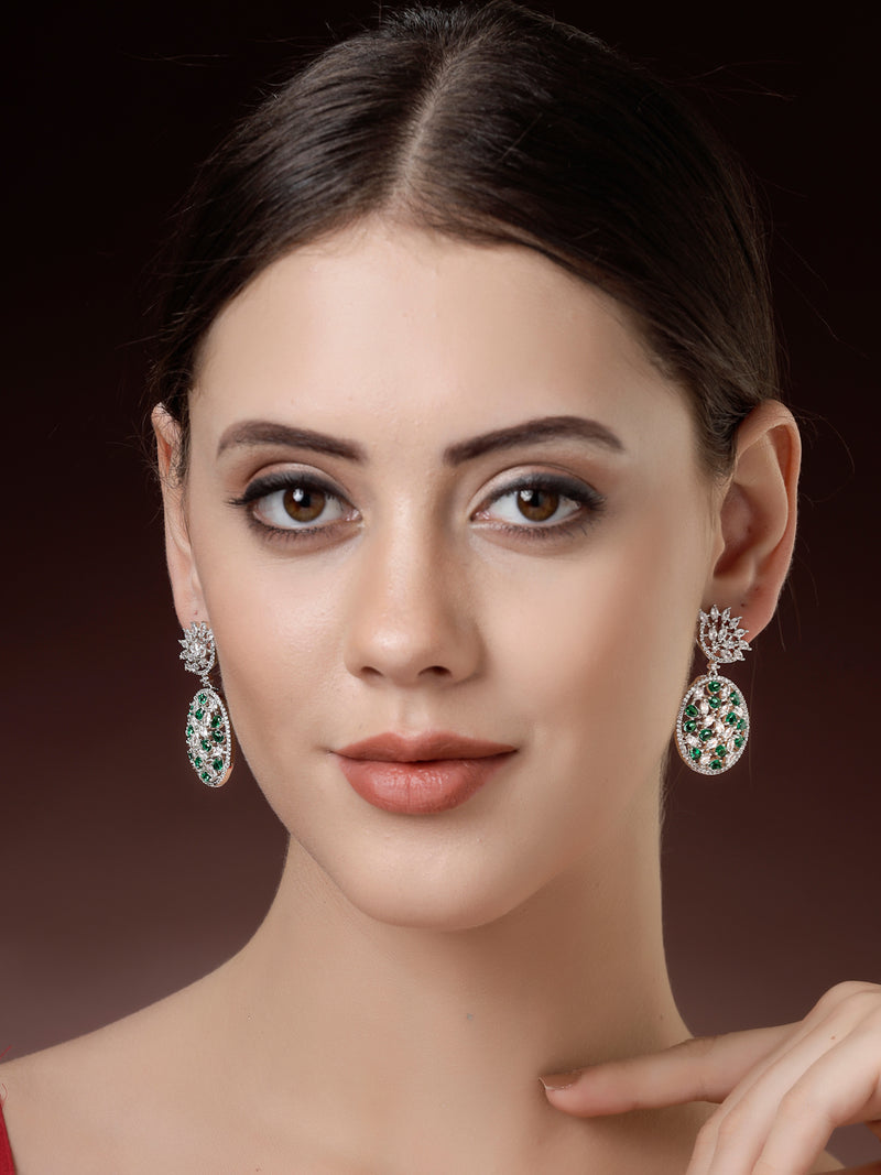 Rhodium Plated Tiny Tear Drops Green & White American diamond Small Drop Earrings