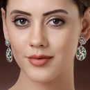Rhodium Plated Teardrop Green American Diamond Contemporary Long Drop Earrings