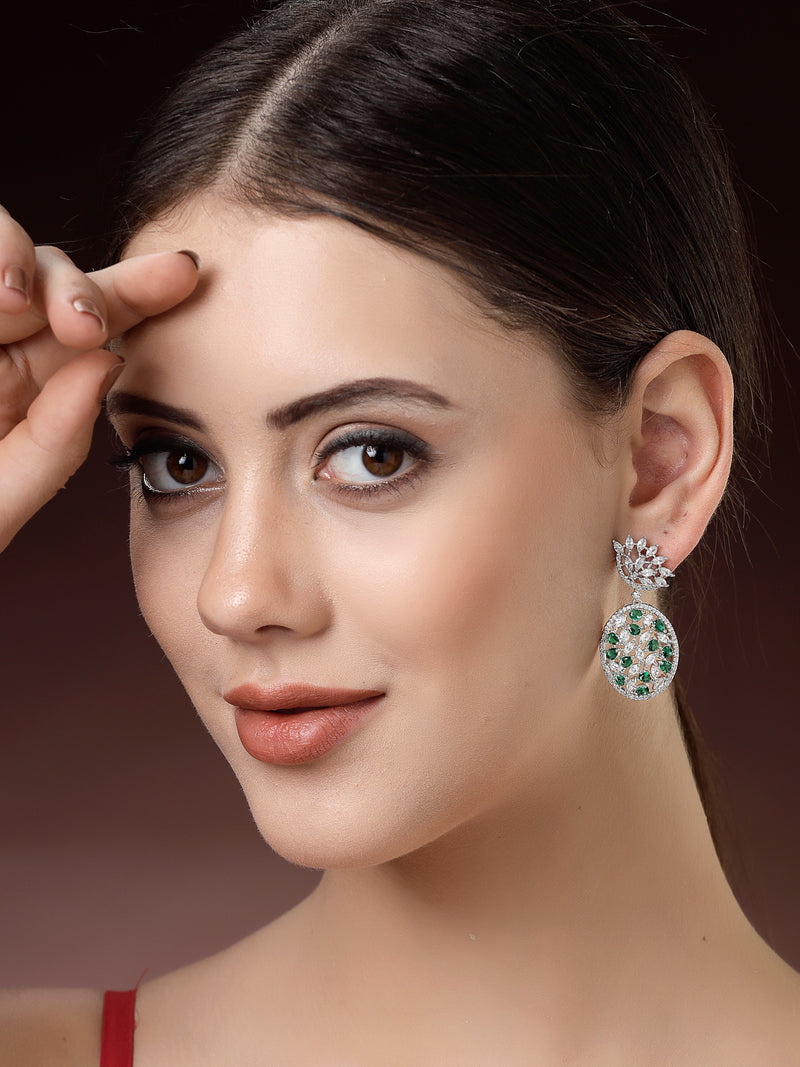 Rhodium Plated Tiny Tear Drops Green & White American diamond Small Drop Earrings