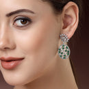 Rhodium Plated Teardrop Green American Diamond Contemporary Long Drop Earrings