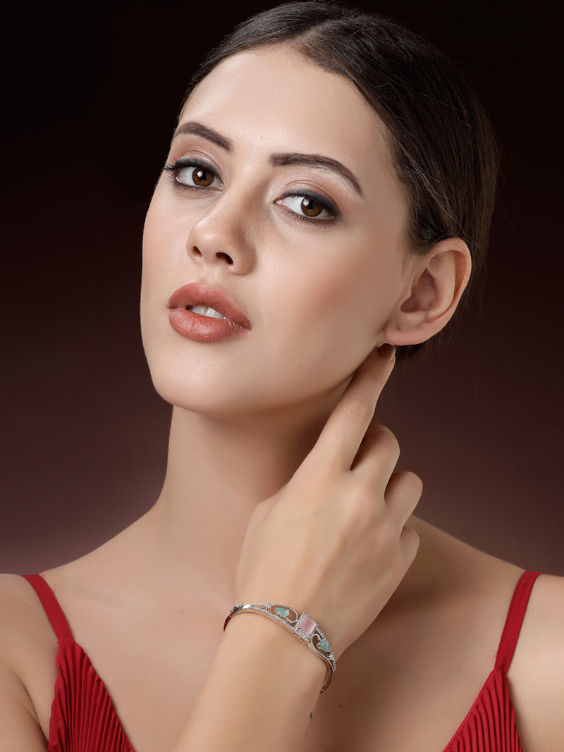Rhodium Plated Silver Toned Pink Square & Mint Green Teardrop American Diamond Studded Cuff Bracelet
