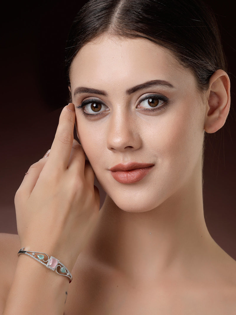 Rhodium Plated Silver Toned Pink Square & Mint Green Teardrop American Diamond Studded Cuff Bracelet
