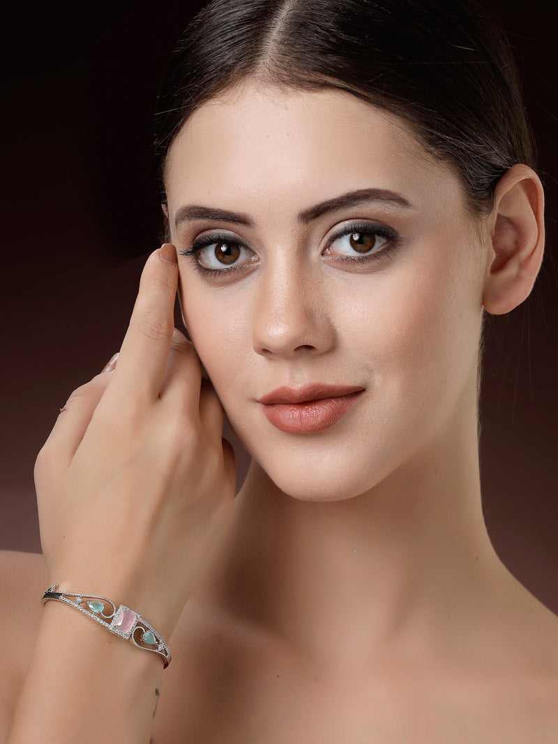 Rhodium Plated Silver Toned Pink Square & Mint Green Teardrop American Diamond Studded Cuff Bracelet