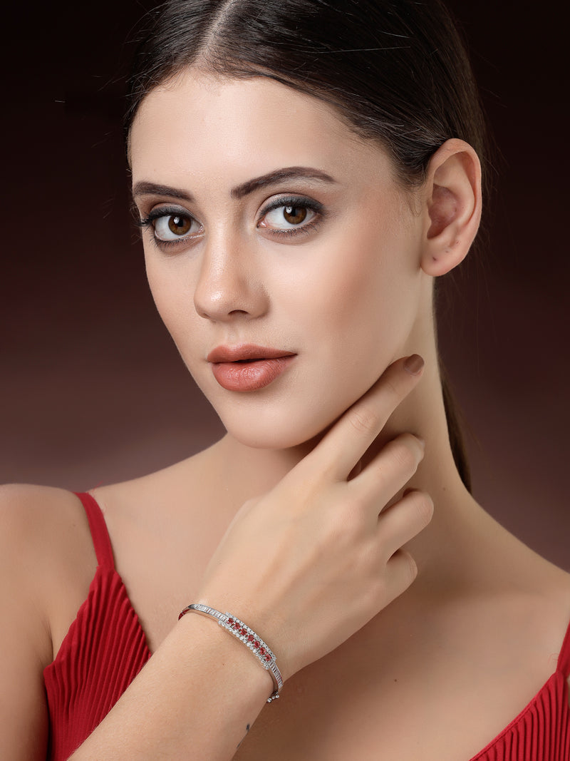 Rhodium Plated Silver Toned Minimal Round Red American Diamond Studded Cuff Bracelet