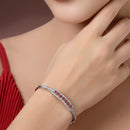 Rhodium Plated Silver Toned Minimal Round Red American Diamond Studded Cuff Bracelet