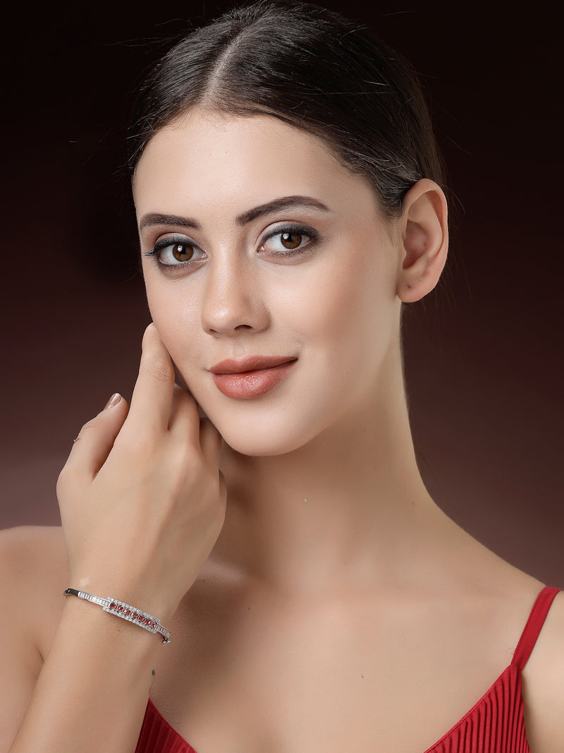 Rhodium Plated Silver Toned Minimal Round Red American Diamond Studded Cuff Bracelet