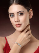 Rhodium Plated Silver Toned Oval & Teardrop White American Diamond Studded Cuff Bracelet