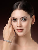 Rhodium Plated Silver Toned Oval & Teardrop White American Diamond Studded Cuff Bracelet