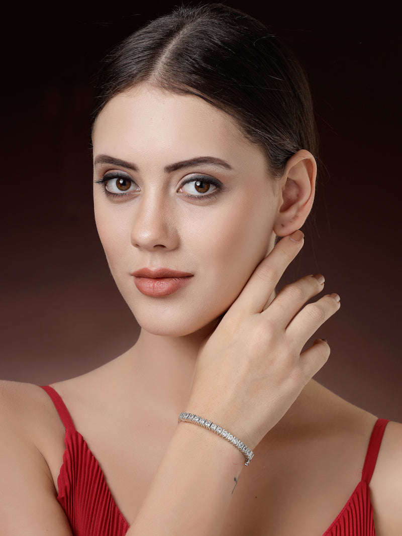 Rhodium Plated Silver Toned Minimal Round White American Diamond Studded Cuff Bracelet