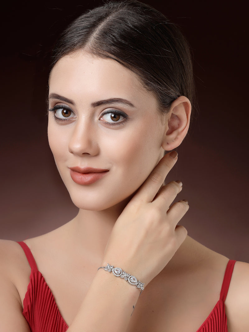 Rhodium Plated Silver Toned White Flower & Teardrop American Diamond Studded Wraparound Adjustable Bracelet