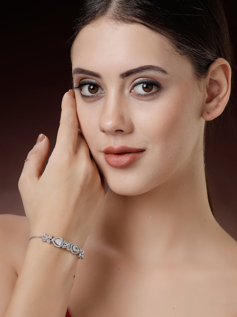 Rhodium Plated Silver Toned White Flower & Teardrop American Diamond Studded Wraparound Adjustable Bracelet