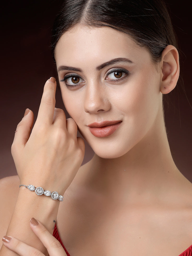 Rhodium Plated Silver Toned White Round & Oval American Diamond Studded  Wraparound Adjustable Bracelet