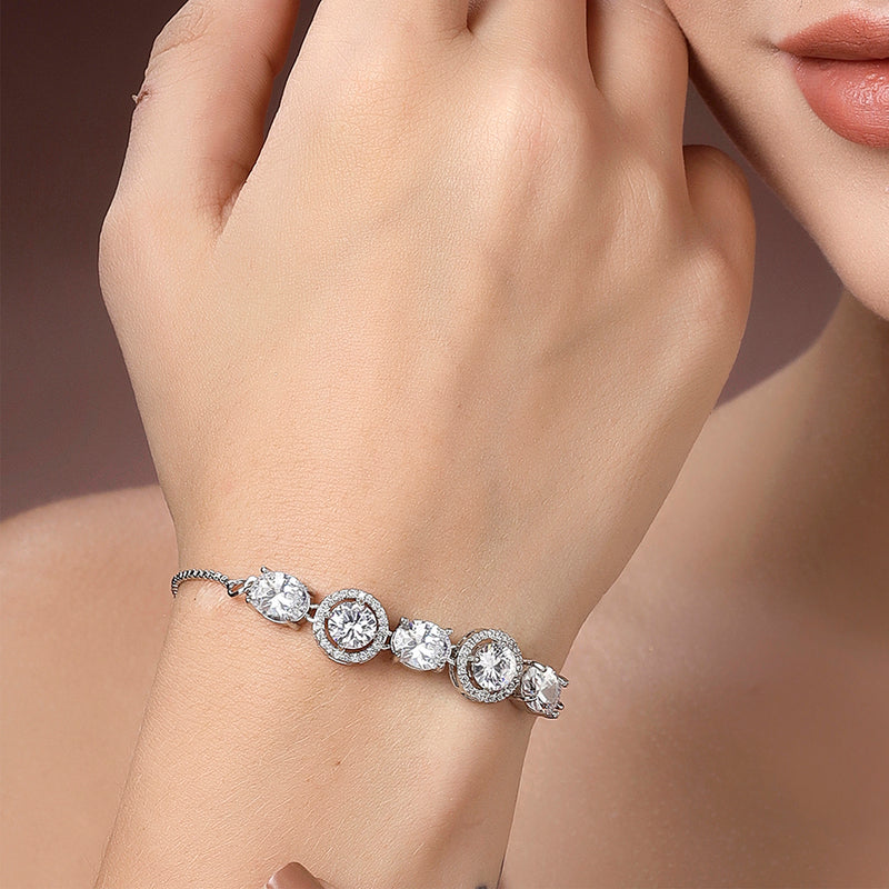 Rhodium Plated Silver Toned White Round & Oval American Diamond Studded  Wraparound Adjustable Bracelet