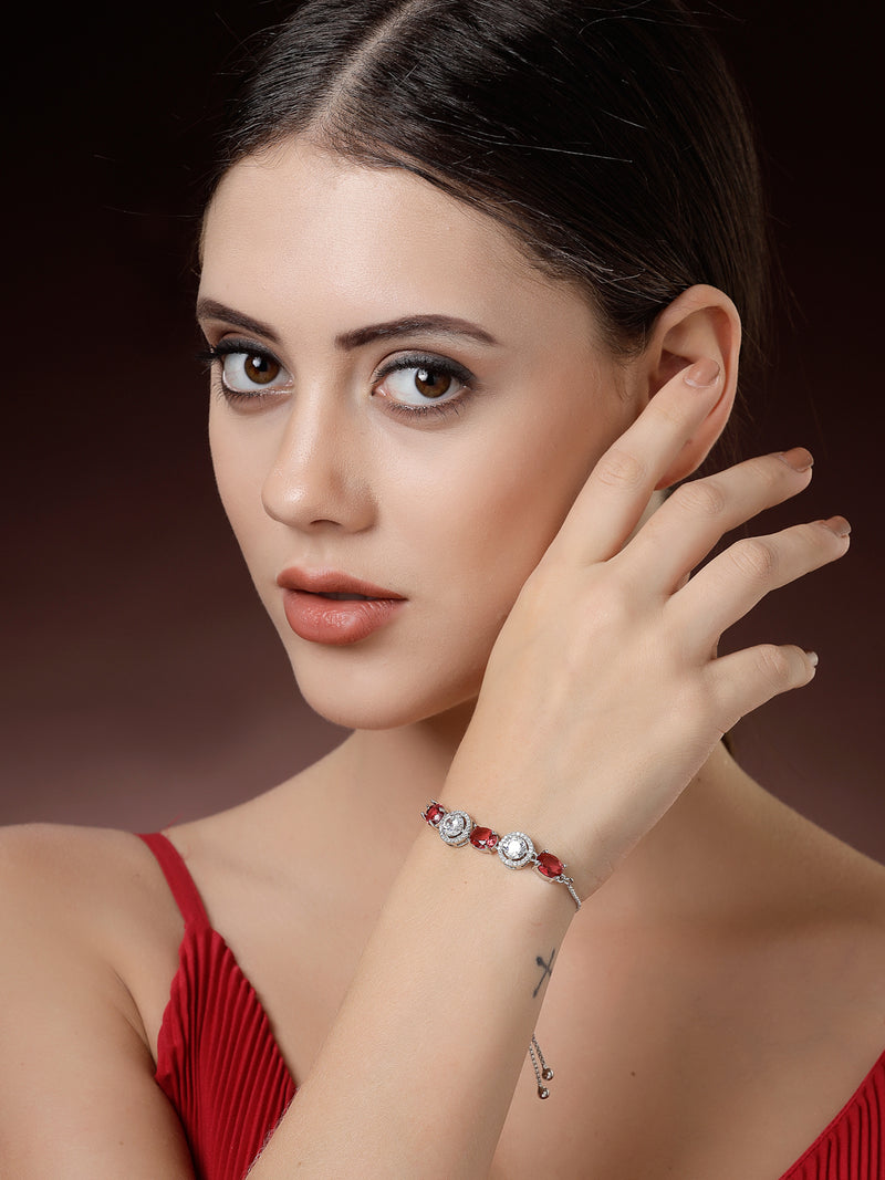 Rhodium Plated Silver Toned White Round & Red Oval AD Studded  Wraparound Adjustable Bracelet