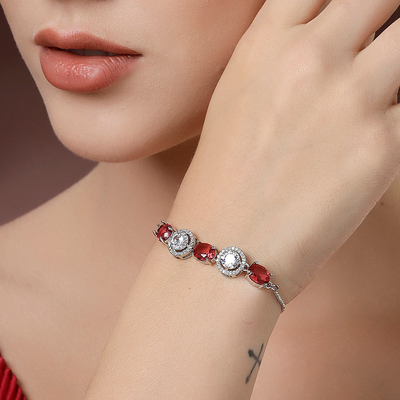Rhodium Plated Silver Toned White Round & Red Oval AD Studded  Wraparound Adjustable Bracelet