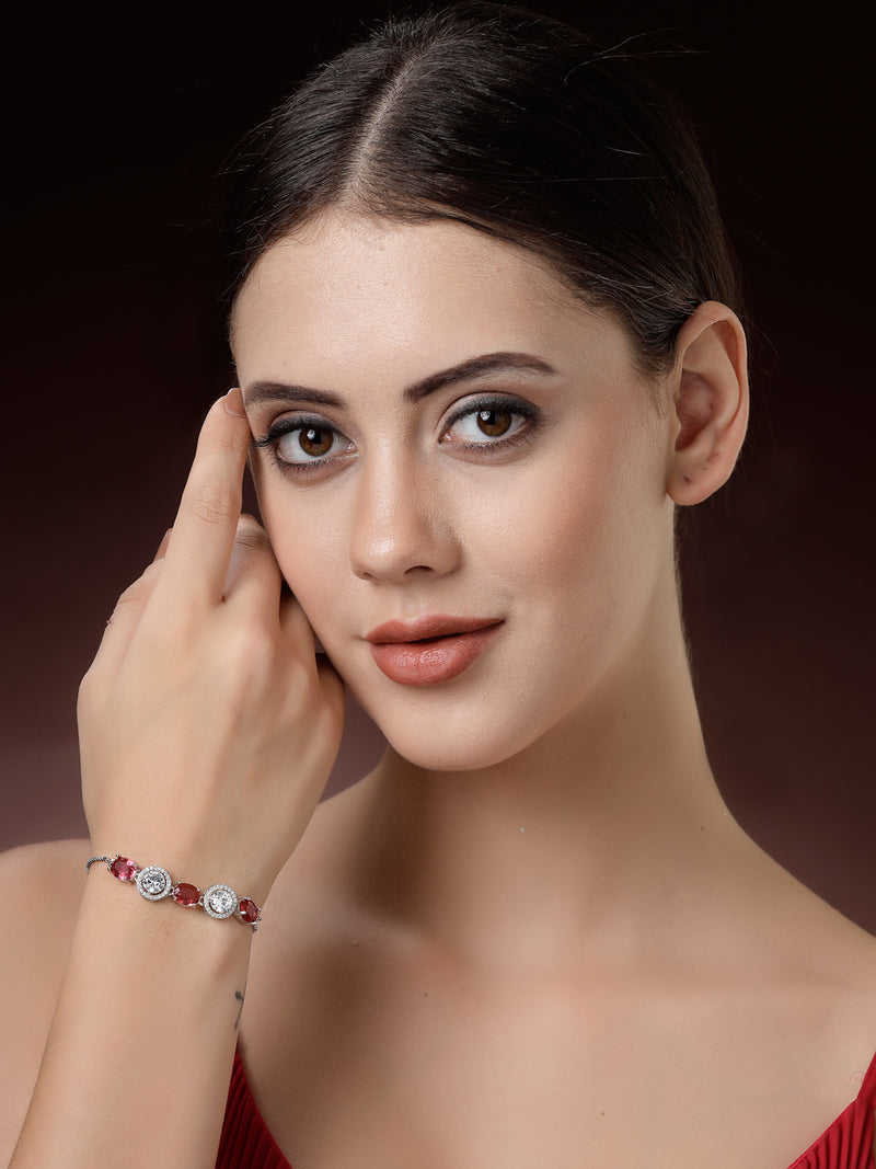 Rhodium Plated Silver Toned White Round & Red Oval AD Studded  Wraparound Adjustable Bracelet