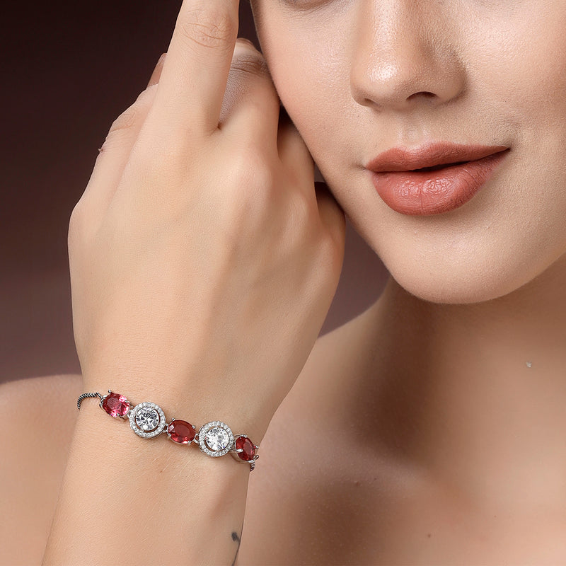 Rhodium Plated Silver Toned White Round & Red Oval AD Studded  Wraparound Adjustable Bracelet