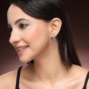 Rhodium Plated Silver Toned Floral Oval Shaped Sea Green &White American Diamond Studded Drop Earrings