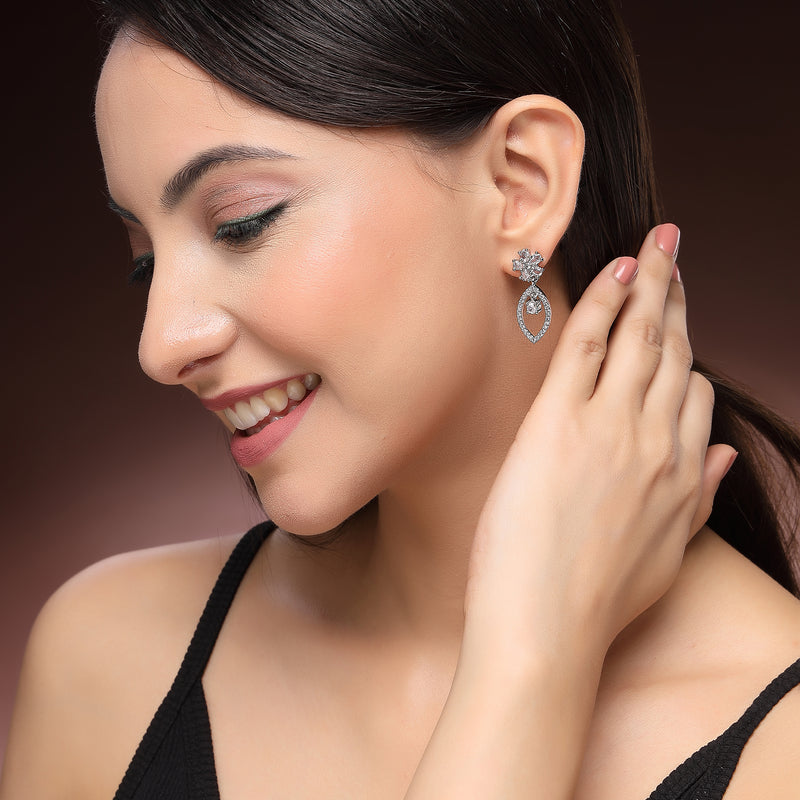 Rhodium Plated Silver Toned Floral Leaf Shaped White American Diamond Studded Drop Earrings