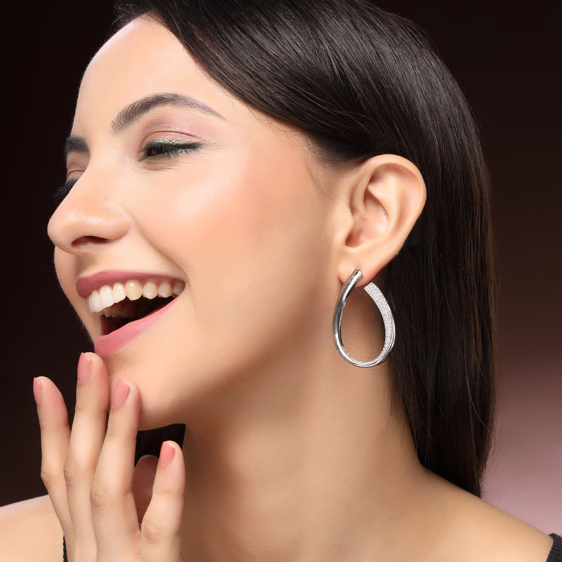Rhodium Plated Silver Toned Teardrop Shaped White American Diamond Studded Earrings