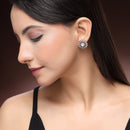 Rhodium Plated Silver Toned Floral Shaped White American Diamond & Pearl Studded Stud Earrings