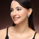 Rhodium Plated Silver Toned Floral Shaped Sea Green & White American Diamond Studded Stud Earrings