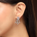 Rhodium Plated Silver Toned Starry Floral Shaped Sea Green & White American Diamond Studded Drop Earrings