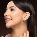 Rhodium Plated Silver Toned Starry Floral Shaped Sea Green & White American Diamond Studded Drop Earrings