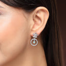 Rhodium Plated Silver Toned Floral Shaped Sea Green White American Diamond Studded Drop Earrings