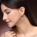 Rhodium Plated Silver Toned Pink & White American Diamond Embellished Earrings