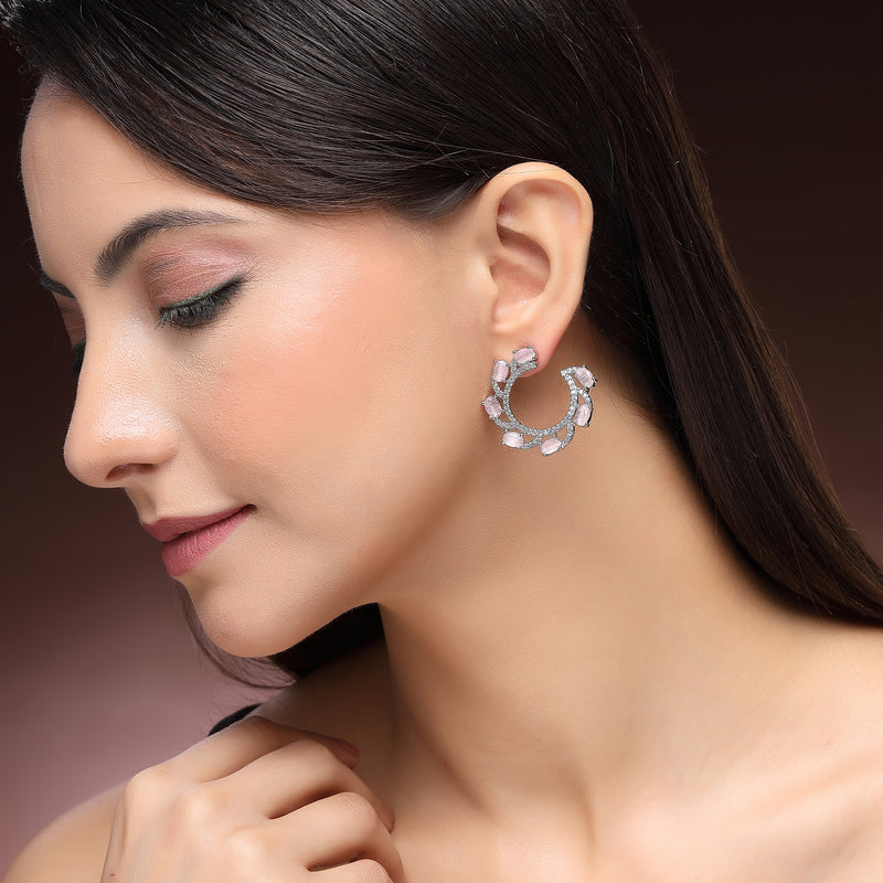 Rhodium Plated Silver Toned Pink & White American Diamond Embellished Earrings