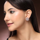 Rhodium Plated Silver Toned Floral Shaped Pink & White American Diamond & Pearl Studded Stud Earrings
