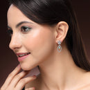 Rhodium Plated Silver Toned Floral Leaf Shaped Sea Green & White American Diamond Studded Drop Earrings