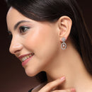 Rhodium Plated Silver Toned Floral Oval Shaped Pink & White American Diamond Studded Drop Earrings