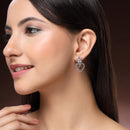 Rhodium Plated Silver Toned Hearty Floral Shaped Navy Blue & White American Diamond Studded Drop Earrings