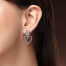 Rhodium Plated Silver Toned Hearty Floral Shaped Navy Blue & White American Diamond Studded Drop Earrings