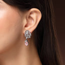 Rhodium Plated Silver Toned Leaf Shaped Pink & White American Diamond Studded Drop Earrings
