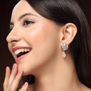 Rhodium Plated Silver Toned Leaf Shaped Pink & White American Diamond Studded Drop Earrings