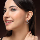Rhodium Plated Silver Toned Hearty Floral Shaped Pink & White American Diamond Studded Drop Earrings