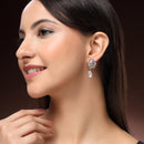 Rhodium Plated Silver Toned Leaf Shaped White American Diamond Studded Drop Earrings