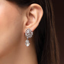 Rhodium Plated Silver Toned Leaf Shaped White American Diamond Studded Drop Earrings