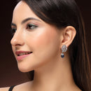 Rhodium Plated Silver Toned Leaf Shaped Navy Blue White American Diamond Studded Drop Earrings